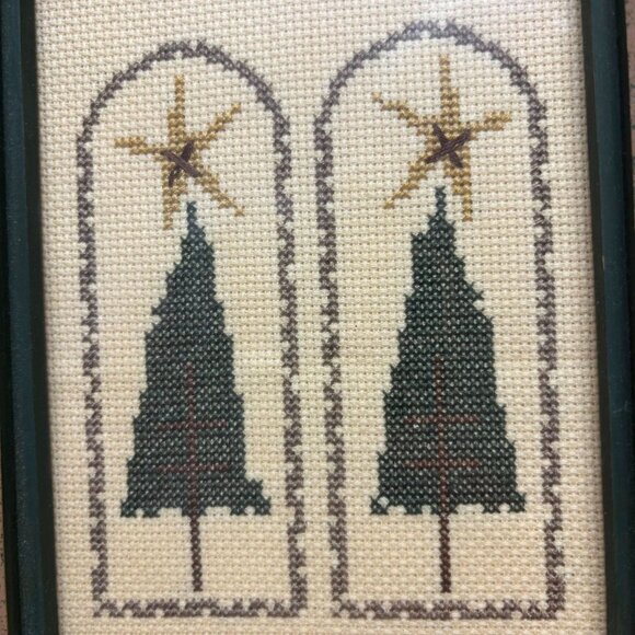 Framed Cross-Stitch Christmas Trees & Stars — Primitive Folk Style — 8″×10″  Pri - Picture 3 of 7